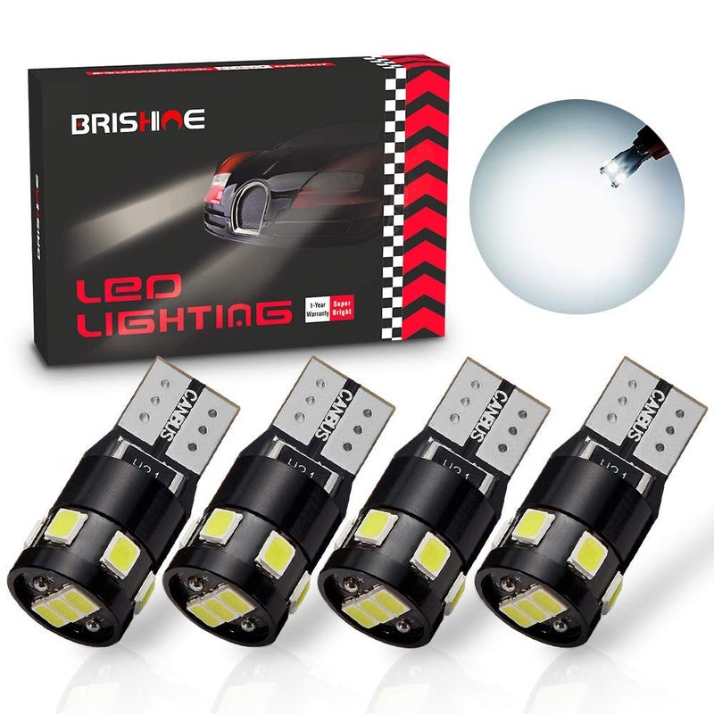 BRISHINE 300LM Extremely Bright Canbus Error Free 194 168 2825 W5W T10 LED Bulbs 6000K Xenon White 9-SMD 2835 LED Chipsets for Dome Map Door Courtesy License Plate Lights (Pack of 4) - Image 1